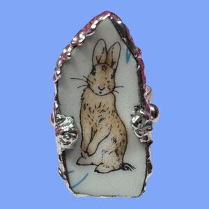 Hand Crafted Peter Rabbit Wedgewood Broken China Ring W/ Silver Spoon Bowl Band